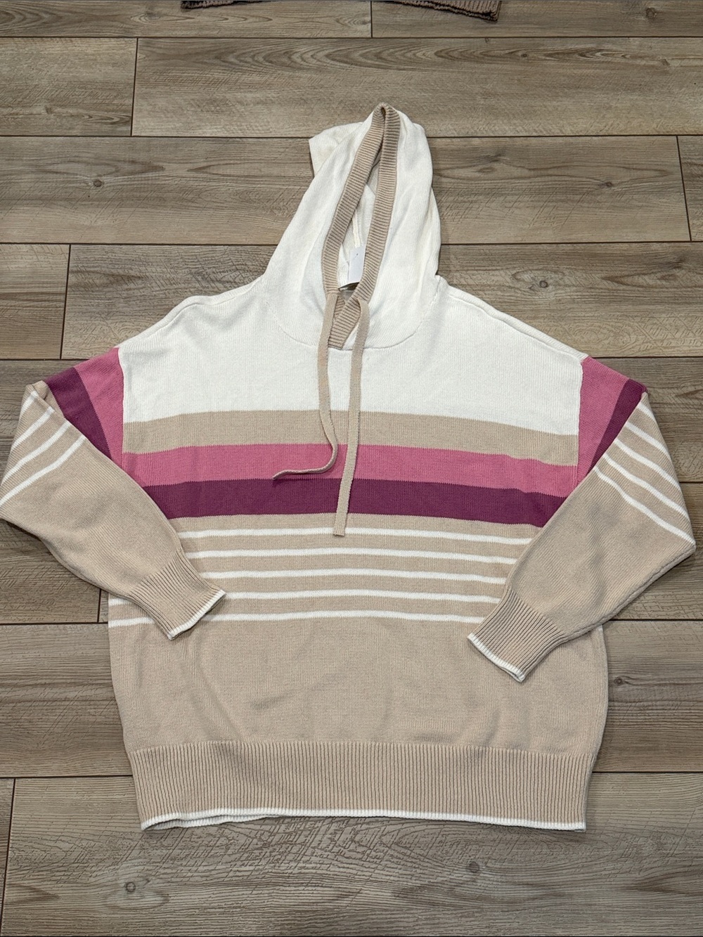 LOFT Cream, Beige & Pink Striped Hooded Knit Sweatshirt